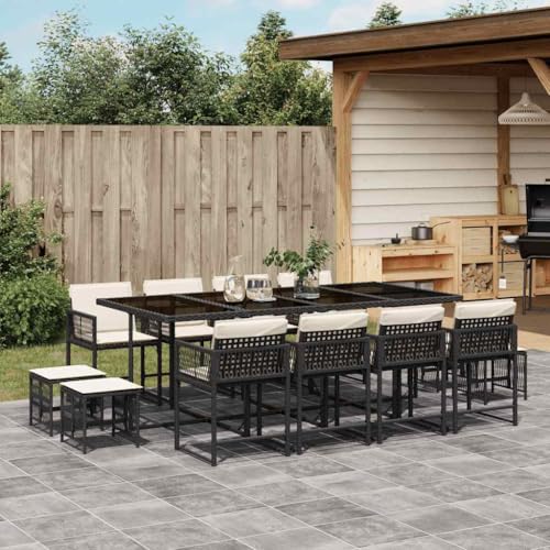 Qnhdfrt Garten Essgruppe 13 teilig Schwarz PE Rattan mit Kissen Klappbare Stühle und Hocker für Terrasse Garten Balkon von Qnhdfrt