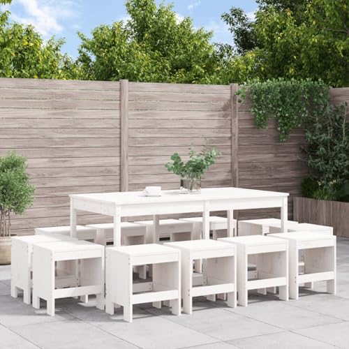 Qnhdfrt Garten Essgruppe 13 teilig aus Massivholz Kiefer Weiß 159 5 x 82 5 x 76 cm mit 12 Hockern Robuste Outdoor Sitzgruppe für Terrasse Balkon und Garten von Qnhdfrt