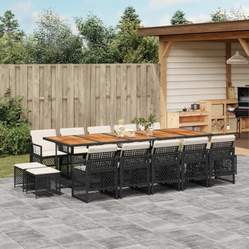 Qnhdfrt Garten Essgruppe 15 teilig Schwarz PE Rattan mit Akazienholz Tischplatte Klappbare Stühle und Abnehmbare Kissen für Terrasse Garten und Balkon von Qnhdfrt