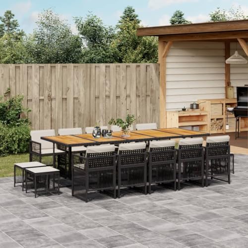 Qnhdfrt Garten Essgruppe 15 teilig Schwarz Poly Rattan mit Akazienholz Tischplatte Klappbare Stühle und Hocker für Terrasse Balkon und Garten von Qnhdfrt