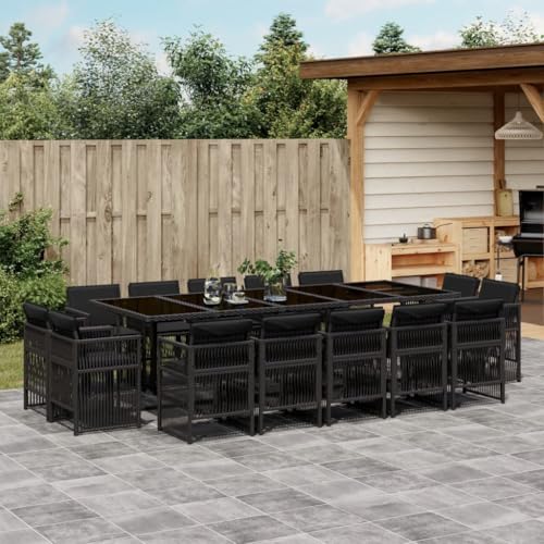 Qnhdfrt Garten Essgruppe 15 teilig Schwarz Poly Rattan mit Kissen Klappbare Stühle und Glas Tischplatte für Terrasse Garten und Balkon von Qnhdfrt