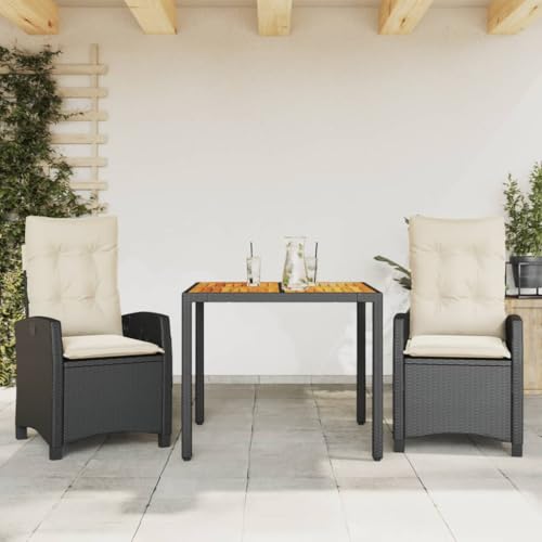 Qnhdfrt Garten Essgruppe 3 TLG Set Schwarz PE Rattan mit Akazienholz Tisch und Verstellbaren Relaxsesseln für Terrasse Garten Balkon von Qnhdfrt