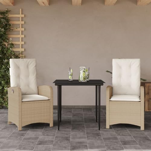 Qnhdfrt Garten Essgruppe 3 TLG Set mit Kissen Beige PE Rattan Sitzgruppe Outdoor mit Verstellbaren Stühlen und Glas Tisch für Terrasse Balkon Garten Qnhdfrt Garten Essgruppe 3 TLG Set mit Kissen Beige PE Rattan Sitzgruppe Outdoor mit Verstellbaren Stühlen und Glas Tisch für Terrasse Balkon Garten von Qnhdfrt