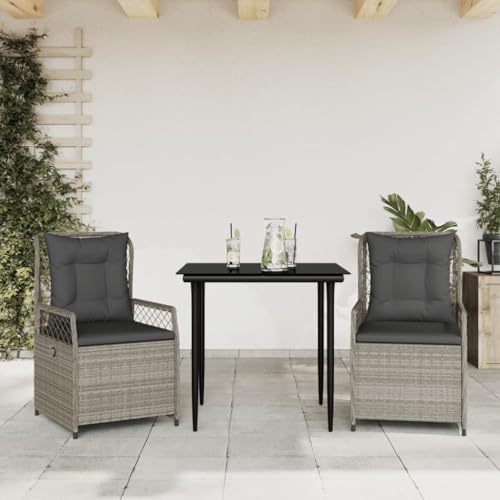 Qnhdfrt Garten Essgruppe 3 TLG Set mit Kissen PE Rattan Gartenmöbel Set Outdoor Sitzgruppe mit Glas Tisch und Verstellbaren Stühlen für Terrasse Balkon Garten von Qnhdfrt