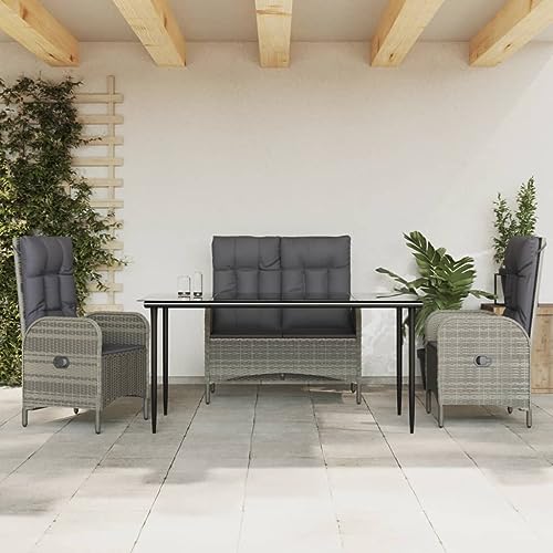 Qnhdfrt Garten Essgruppe 4 TLG Grau Poly Rattan Set mit Kissen Verstellbare Rückenlehne Outdoor Möbel für Terrasse Balkon Garten von Qnhdfrt
