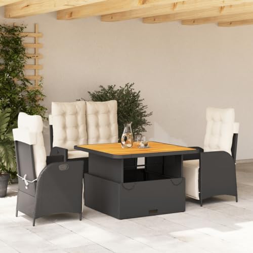Qnhdfrt Garten Essgruppe 4 TLG Schwarz PE Rattan mit Kissen Höhenverstellbarer Tisch und Verstellbare Relaxsessel für Terrasse Garten Balkon von Qnhdfrt