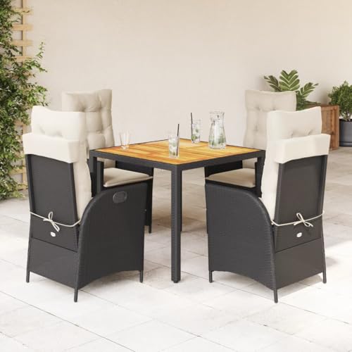Qnhdfrt Garten Essgruppe 5 TLG Schwarz mit Kissen PE Rattan Akazienholz Tisch 90x90 cm Verstellbare Relaxsessel für Terrasse Garten Balkon von Qnhdfrt