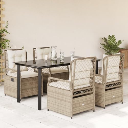 Qnhdfrt Garten Essgruppe 5 TLG Set mit Kissen Beige PE Rattan 160 x 80 cm Tisch und 4 Stühle für Terrasse Balkon Garten von Qnhdfrt