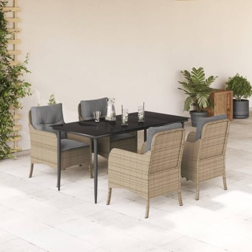 Qnhdfrt Garten Essgruppe 5 TLG Set mit Kissen PE Rattan Outdoor Möbel für Garten Balkon Terrasse 160 x 80 cm Schwarz Beige von Qnhdfrt