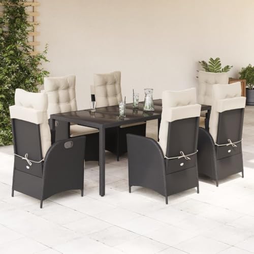 Qnhdfrt Garten Essgruppe 6 Stühle Set Schwarz PE Rattan mit Kissen 190 x 90 cm Tisch für Garten Terrasse Balkon von Qnhdfrt