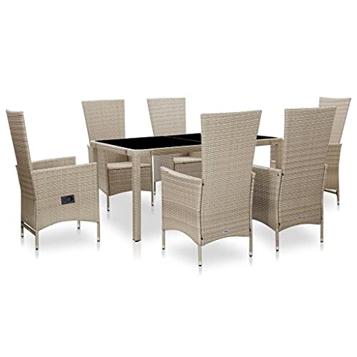Qnhdfrt Garten Essgruppe 6 Stühle mit Glas Tisch PE Rattan Beige Polster Verstellbare Rückenlehne Sitzgruppe Outdoor für Terrasse Balkon Garten von Qnhdfrt