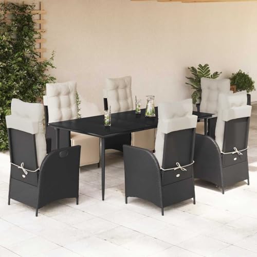 Qnhdfrt Garten Essgruppe 6 Stühle mit Kissen Schwarz PE Rattan 200 x 100 cm Tisch Glas Tischplatte für Terrasse Garten und Balkon von Qnhdfrt