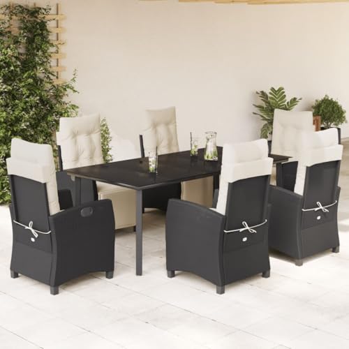 Qnhdfrt Garten Essgruppe 6 Stühle mit Kissen Schwarz PE Rattan Outdoor Sitzgruppe 200 x 100 cm Tisch für Terrasse Garten Balkon von Qnhdfrt