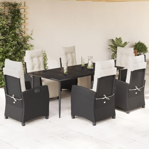 Qnhdfrt Garten Essgruppe 6 Stühle mit Tisch PE Rattan Outdoor Möbel Set Schwarz mit Cremeweißen Kissen für Garten Terrasse Balkon von Qnhdfrt