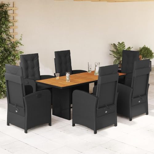 Qnhdfrt Garten Essgruppe 6 Stühle mit Tisch PE Rattan Set Schwarz Klappbare Stühle und Akazienholz Tischplatte für Terrasse Garten und Balkon von Qnhdfrt