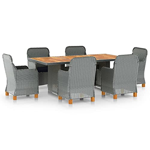 Qnhdfrt Garten Essgruppe 6 Stühle und Tisch Set aus PE Rattan Hellgrau mit Schwarz Polster Akazienholz Gestell für Terrasse Balkon Garten von Qnhdfrt