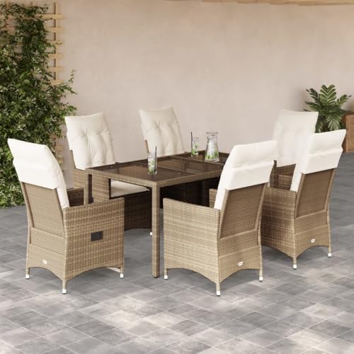 Qnhdfrt Garten Essgruppe 7 TLG Poly Rattan Set mit Kissen Beige Verstellbare Relaxsessel und Tisch für Terrasse Garten Balkon Qnhdfrt Garten Essgruppe 7 TLG Poly Rattan Set mit Kissen Beige Verstellbare Relaxsessel und Tisch für Terrasse Garten Balkon von Qnhdfrt