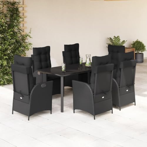 Qnhdfrt Garten Essgruppe 7 Teilig Schwarz PE Rattan Outdoor Möbel Set mit Glas Tisch und Verstellbaren Stühlen für Garten Terrasse Balkon von Qnhdfrt