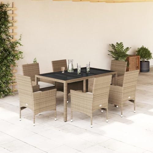 Qnhdfrt Garten Essgruppe 7 teilig Beige PE Rattan mit Glas Tisch und Stühlen Set für Terrasse Garten und Balkon Qnhdfrt Garten Essgruppe 7 teilig Beige PE Rattan mit Glas Tisch und Stühlen Set für Terrasse Garten und Balkon von Qnhdfrt