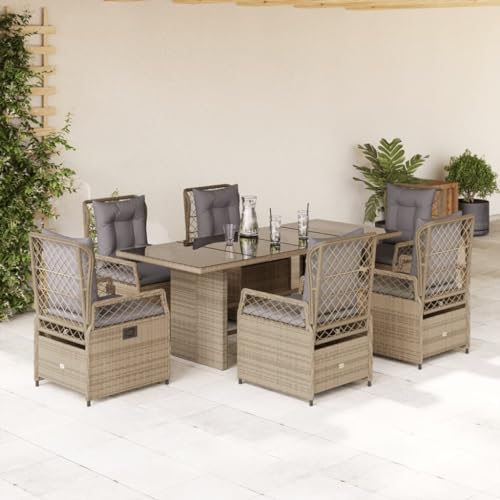 Qnhdfrt Garten Essgruppe 7 teilig Beige PE Rattan mit Glas Tischplatte und Verstellbaren Relaxsesseln für Terrasse Garten Balkon Qnhdfrt Garten Essgruppe 7 teilig Beige PE Rattan mit Glas Tischplatte und Verstellbaren Relaxsesseln für Terrasse Garten Balkon von Qnhdfrt