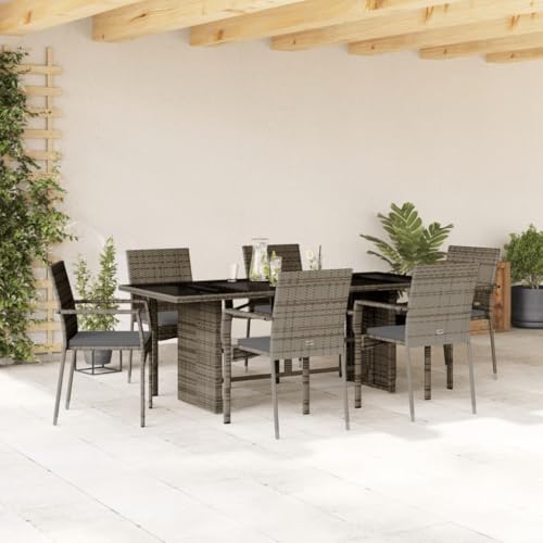 Qnhdfrt Garten Essgruppe 7 teilig Grau PE Rattan mit Glas Tischplatte und Polsterkissen für Terrasse Balkon Gartenbereich Qnhdfrt Garten Essgruppe 7 teilig Grau PE Rattan mit Glas Tischplatte und Polsterkissen für Terrasse Balkon Gartenbereich von Qnhdfrt