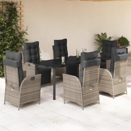 Qnhdfrt Garten Essgruppe 7 teilig Grau PE Rattan mit Kissen und Glas Tisch 160 x 80 cm Outdoor Sitzgruppe für Garten Terrasse Balkon von Qnhdfrt