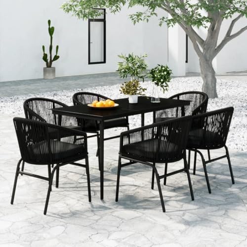 Qnhdfrt Garten Essgruppe 7 teilig Schwarz Outdoor Tisch und Stühle Set aus Stahl und Glas mit Sitzkissen für Terrasse Garten und Balkon von Qnhdfrt