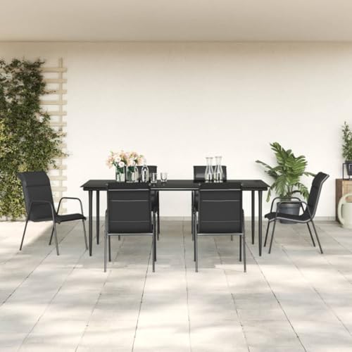 Qnhdfrt Garten Essgruppe 7 teilig Schwarz Outdoor Tisch und Stühle Set aus Stahl und Textilene mit Glasplatte für Terrasse Garten und Balkon von Qnhdfrt