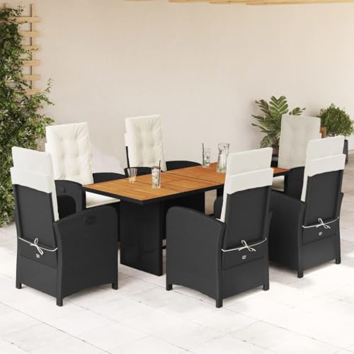 Qnhdfrt Garten Essgruppe 7 teilig Schwarz PE Rattan mit Akazienholz Tisch und Cremeweiß Kissen Klappbare Stühle für Terrasse Balkon und Garten von Qnhdfrt