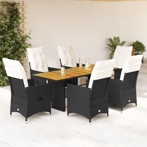Qnhdfrt Garten Essgruppe 7 teilig Schwarz PE Rattan mit Akazienholz Tisch und Relaxsesseln für Terrasse Garten und Balkon von Qnhdfrt