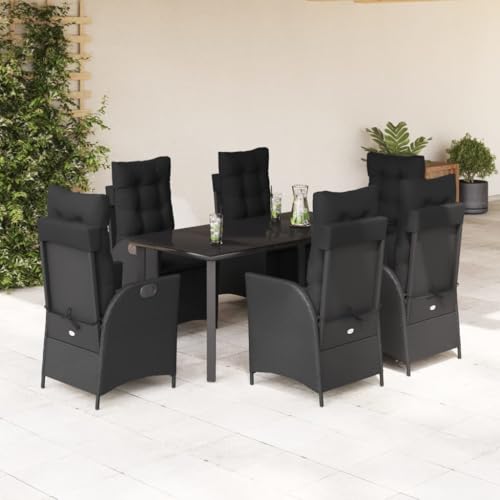 Qnhdfrt Garten Essgruppe 7 teilig Schwarz PE Rattan mit Kissen 160 x 80 cm Tisch und 6 Stühle für Terrasse Balkon Garten von Qnhdfrt
