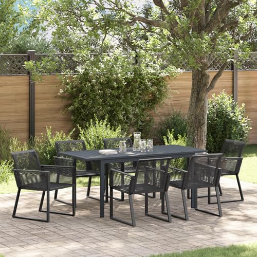 Qnhdfrt Garten Essgruppe 7-teilig Schwarz Rechteckig Pulverbeschichteter Stahl Poly Rattan mit stapelbaren Stühlen für Balkon Terrasse Garten von Qnhdfrt