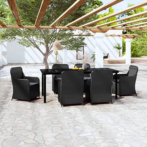 Qnhdfrt Garten Essgruppe 7 teilig Schwarz mit Dunkelgrauen Kissen Outdoor Tisch und Stühle Set aus PE Rattan und Glas für Terrasse Balkon Garten von Qnhdfrt