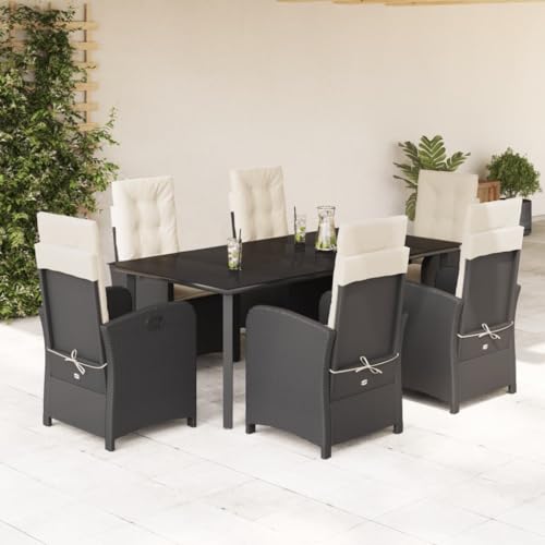 Qnhdfrt Garten Essgruppe 7 teilig Schwarz mit Kissen PE Rattan Outdoor Möbel Set verstellbare Rückenlehne und Glas Tisch für Terrasse Balkon Garten von Qnhdfrt
