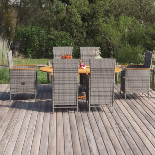 Qnhdfrt Garten Essgruppe 7 teilig aus Akazienholz mit PE Rattan Grau Outdoor Esstisch und Stühle Set für Terrasse Garten Balkon von Qnhdfrt