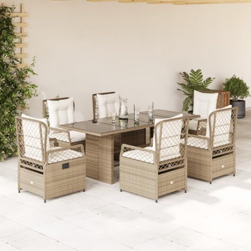 Qnhdfrt Garten Essgruppe 7 teilig mit Kissen Beige PE Rattan Gartenmöbel Set Outdoor Sitzgruppe mit Verstellbaren Stühlen und Glas Tisch für Terrasse Balkon Qnhdfrt Garten Essgruppe 7 teilig mit Kissen Beige PE Rattan Gartenmöbel Set Outdoor Sitzgruppe mit Verstellbaren Stühlen und Glas Tisch für Terrasse Balkon von Qnhdfrt