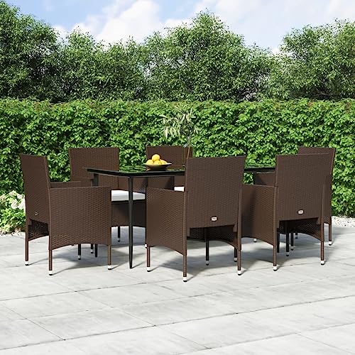 Qnhdfrt Garten Essgruppe 7 teilig mit Kissen Schwarz Braun 160 x 80 cm PE Rattan und Stahl für Terrasse Garten Balkon von Qnhdfrt