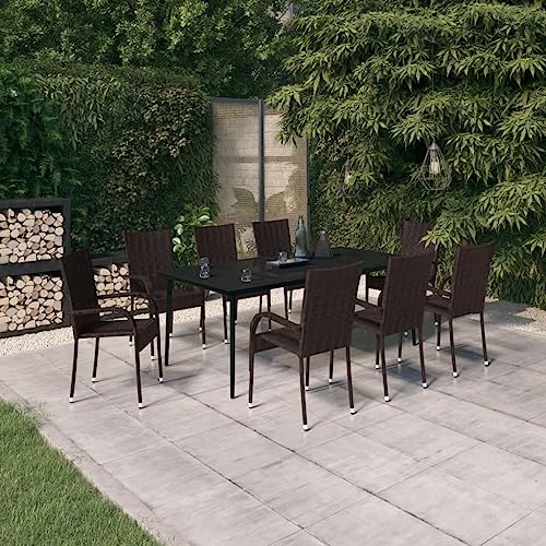 Qnhdfrt Garten Essgruppe 8 Stühle Braun Schwarz PE Rattan Outdoor Esstisch Set 200 x 100 cm Pulverbeschichteter Stahl für Terrasse Garten Balkon von Qnhdfrt