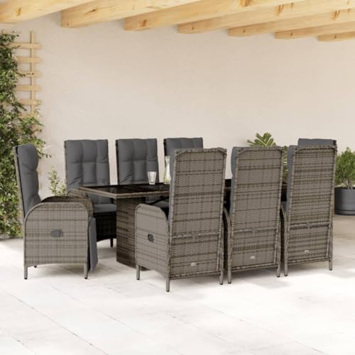 Qnhdfrt Garten Essgruppe 8 Stühle Grau PE Rattan mit Kissen und Glas Tischplatte 190 x 80 cm Outdoor Sitzgruppe für Garten Terrasse Balkon von Qnhdfrt