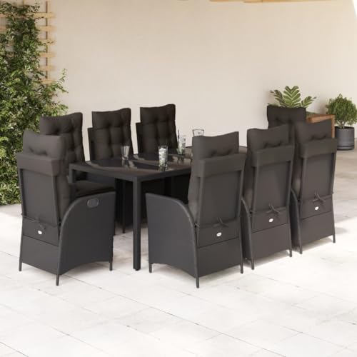 Qnhdfrt Garten Essgruppe 8 Stühle Set Schwarz PE Rattan Outdoor Sitzgruppe mit Kissen und Glas Tisch 190 x 90 cm für Terrasse Garten Balkon von Qnhdfrt