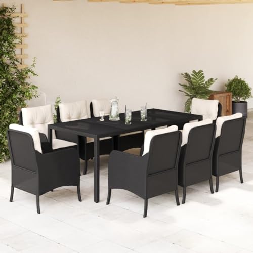 Qnhdfrt Garten Essgruppe 8 Stühle Set Schwarz PE Rattan mit Kissen Outdoor Möbel Tisch 190x90 cm für Terrasse Garten Balkon von Qnhdfrt