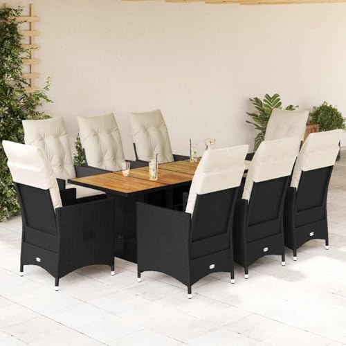 Qnhdfrt Garten Essgruppe 8 Stühle Tisch Set Schwarz PE Rattan mit Kissen Verstellbare Relaxsessel Outdoor Lounge Set für Garten Terrasse Balkon von Qnhdfrt