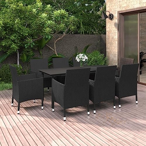 Qnhdfrt Garten Essgruppe 8 Stühle mit Kissen PE Rattan Schwarz Esstisch Glas Tischplatte 200 x 100 cm Wetterfest für Terrasse Garten Balkon von Qnhdfrt