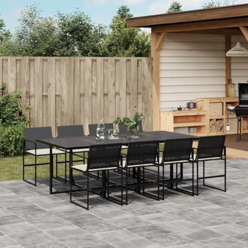 Qnhdfrt Garten Essgruppe 8 Stühle mit Kissen Schwarz PE Rattan Klappbar 220 x 107 cm Outdoor Esstisch Set für Terrasse Balkon und Garten von Qnhdfrt