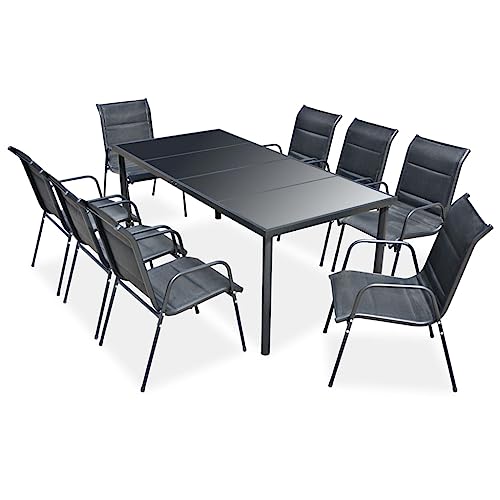 Qnhdfrt Garten Essgruppe 8 Stühle mit Tisch Schwarz Stapelbar Outdoor Möbel Set aus Stahl und Textilene für Terrasse Balkon und Gartenbereich von Qnhdfrt