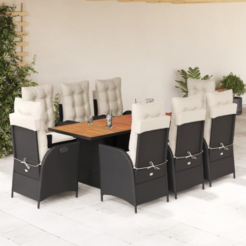 Qnhdfrt Garten Essgruppe 9 TLG Set Schwarz PE Rattan mit Kissen Akazienholz Tisch 190x80 cm 8 Stühle Verstellbar für Terrasse Garten und Balkon von Qnhdfrt