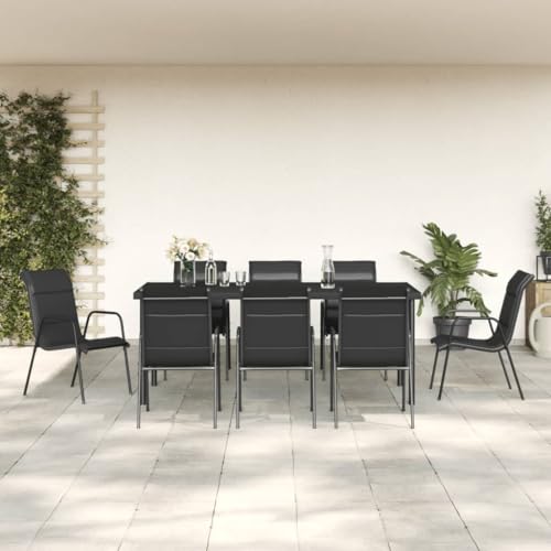 Qnhdfrt Garten Essgruppe 9 teilig Schwarz Anthrazit Stahl Textilene Tisch 190x90 cm 8 Stühle für Terrasse Balkon Garten von Qnhdfrt