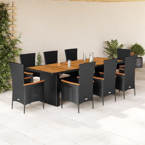 Qnhdfrt Garten Essgruppe 9 teilig Schwarz mit Kissen PE Rattan Akazienholz Tisch und Stühle Set für Terrasse Garten Balkon von Qnhdfrt