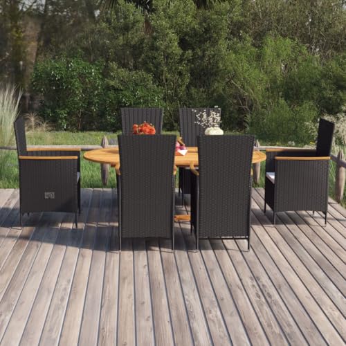 Qnhdfrt Garten Essgruppe Akazienholz Tisch PE Rattan Stühle Schwarz Cremeweiß 6 TLG Set mit Verstellbarer Lehne Outdoor Sitzgruppe für Terrasse Balkon Garten von Qnhdfrt