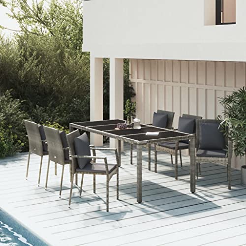Qnhdfrt Garten Essgruppe Grau 6 Stühle mit Kissen und Tisch aus PE Rattan Pulverbeschichtetem Stahl Massivem Akazienholz Modernes Design für Terrasse Balkon Garten von Qnhdfrt